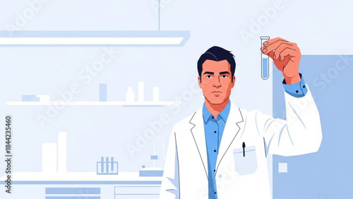 Scientist in lab coat holding test tube with liquid representing research and development in a modern laboratory setting