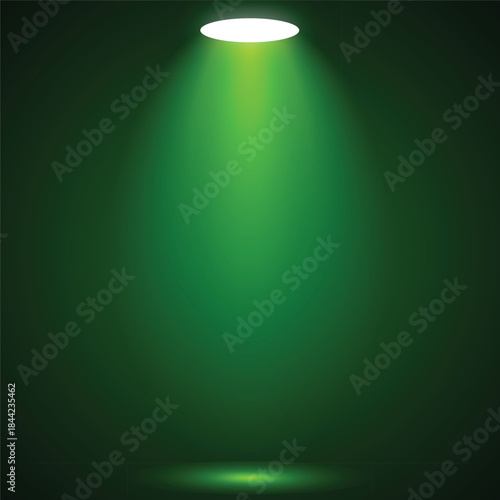 Green stage lights spotlighting a dark stage.