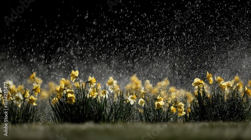 Bright yellow flowers receive a dramatic shower of water against a dark background