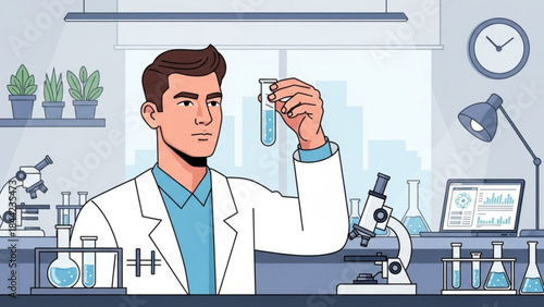 Scientist in lab coat examining test tube modern laboratory research science and technology concept illustration