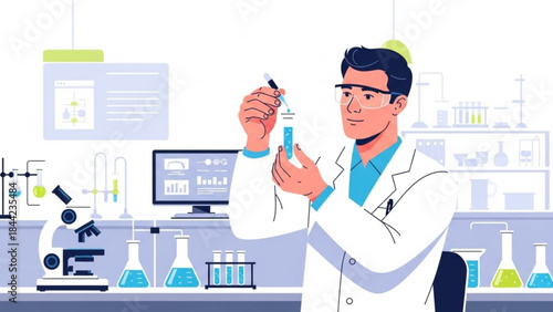 Scientist in lab coat conducting experiment with pipette and test tube modern laboratory research and development concept flat vec