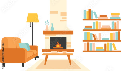 Cozy room interior with armchair fireplace floor lamp and bookshelf