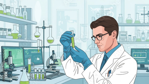 Scientist in laboratory holding test tube with green liquid conducting research with microscopes and equipment science and technol