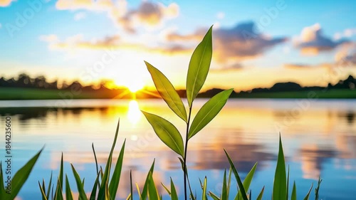 Serene sunrise over calm lake. Hopeful green plant showing new growth and life. peaceful nature background