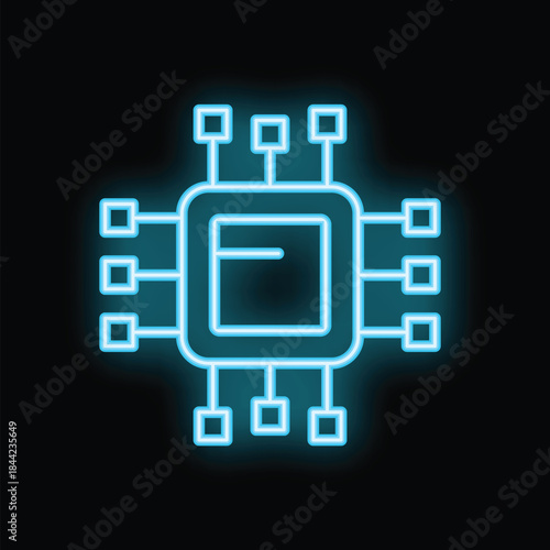 Neon blue glowing cpu microchip icon, representing computer processing power and technology