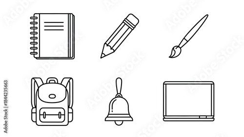 Set of six black and white line icons representing school supplies and learning tools