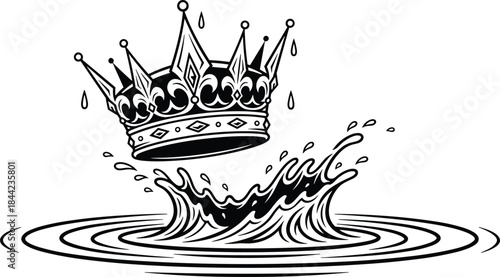 Black and white monarch crown falling into water, creating a dramatic splash and ripples, symbolizing the loss of power or dethronement, in an engraved vector illustration.