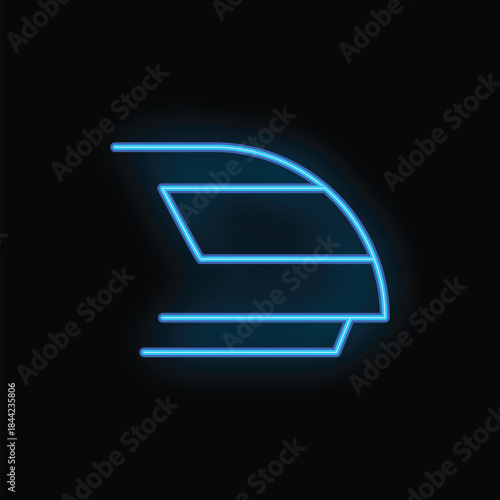 Blue neon sign depicting a high speed passenger train speeding across a black background