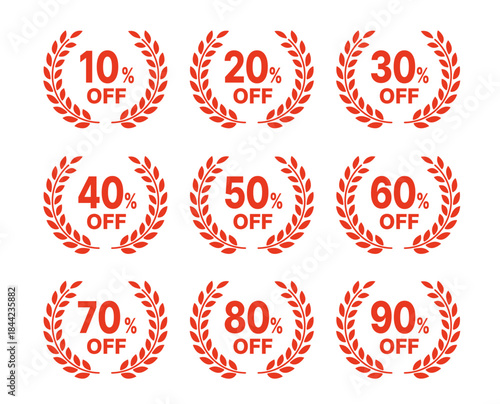 セール割引率（10〜90%OFF）赤の月桂樹アイコンラベルセット