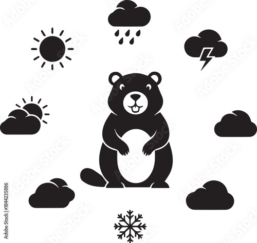 Groundhog surrounded by various weather icons