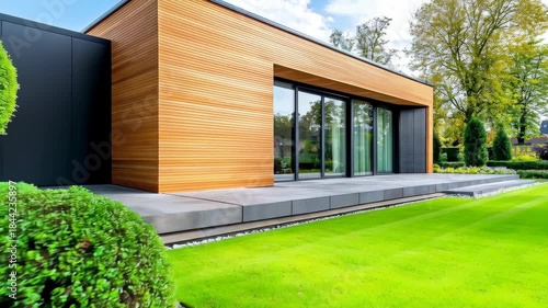 Tranquil modern house with luxury wooden exterior architecture. serene home featuring perfect green lawn and minimalist design