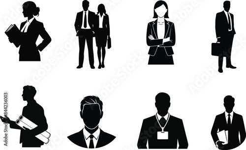Title: Seven business professionals in suits with various poses and accessories