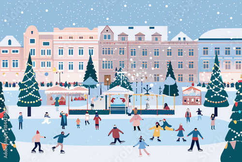 A charming winter scene depicting an ice skating rink and festive town