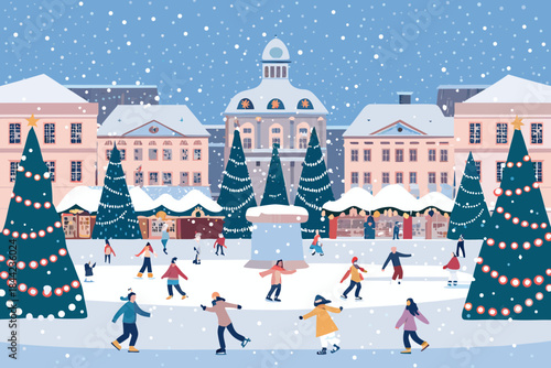A festive winter scene featuring an ice rink and charming buildings