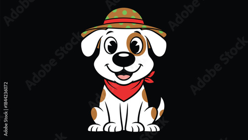 Smiling Cartoon Puppy Dog Character Mascot with Brown Spots, Wearing a Red Bandana and a Polka-Dot Fedora Hat, Sitting Happily Illustration.