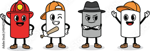 Cute and Diverse Group of Anthropomorphic Cylindrical Cartoon Characters in Various Roles: Firefighter, Baseball Player, Cheerful Fan, and Stern Gangster Illustration Mascot Set.