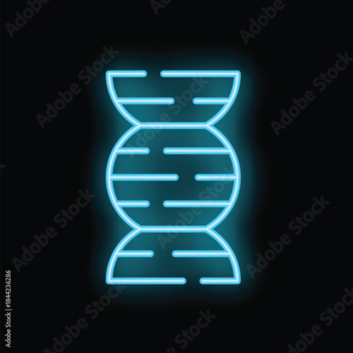 Neon blue dna strand glowing on a black background, representing genetics and heredity