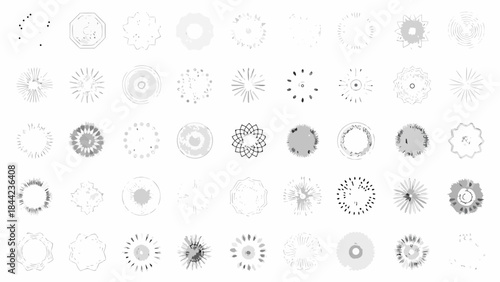 Collection of grayscale circular floral and geometric designs arranged in a grid
