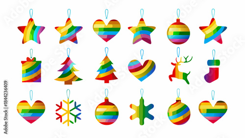 Colorful collection of christmas ornaments including stars hearts trees and snowflakes