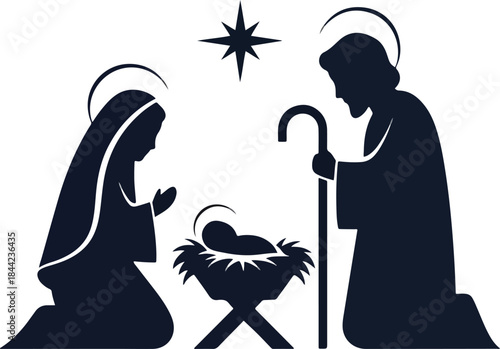 Dark blue silhouette of the Nativity scene with Mary Joseph baby Jesus and a star