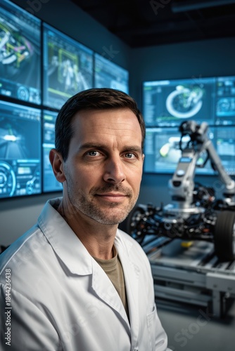 Confident male engineer with short dark hair and light stubble in lab facility