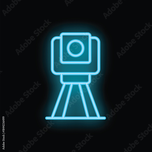 Blue glowing neon icon representing a total station, a modern surveying instrument used in construction and engineering