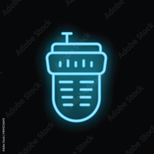 Blue neon icon of a walkie talkie glowing on a black background