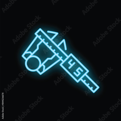 Glowing neon icon of a vernier caliper measuring tool, illuminated against a dark background