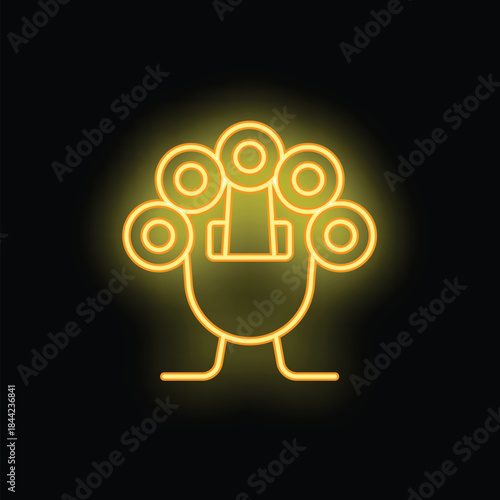 Glowing yellow neon sign depicting a professional microphone on a stand with a pop filter, ideal for music and audio recording studio branding