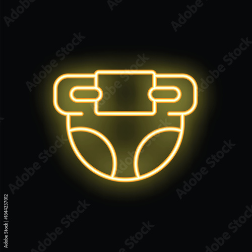 Bright yellow neon icon of a baby diaper glowing on a black background