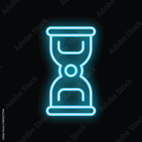 Blue neon sign of an hourglass with falling sand, representing the passage of time