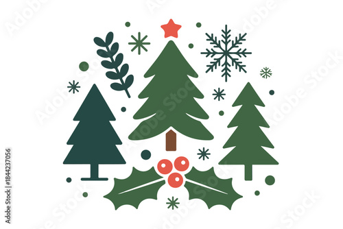Christmas Pine Trees and Holly Berries Vector Illustration