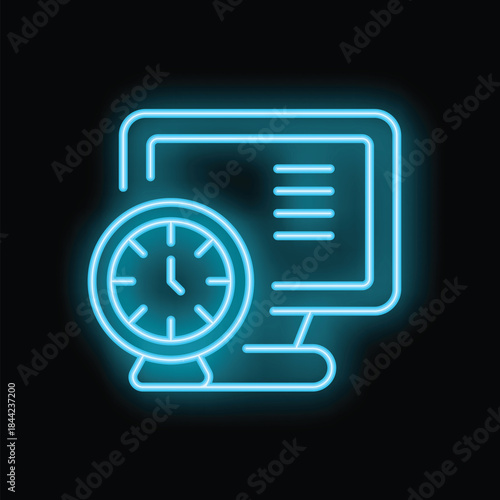 Bright neon icon of a clock showing time spent working or browsing the internet on a desktop computer