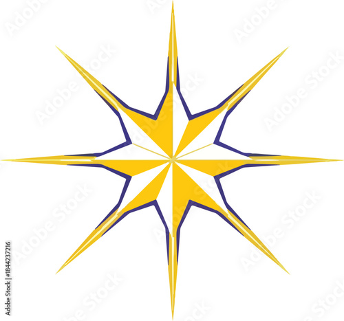 Eightpointed starburst shape in yellow and dark blue outline on white
