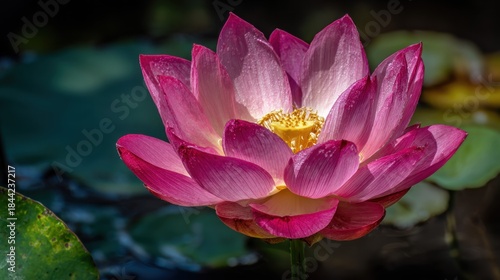 Brilliant pink water lily bloom displays vibrant colors against a dark, blurred background