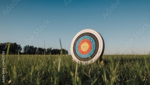 Archery target in a field under a clear blue sky.