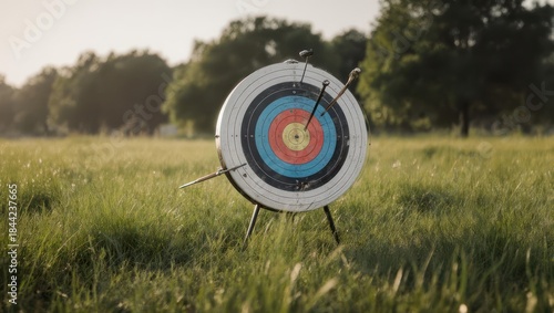 Archery Target in Field with Arrows Hitting Bullseye.