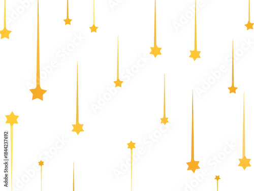 Falling golden stars with long thin trails against a white background