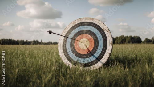 Archery Target in a Field with Arrows Hitting the Bullseye.