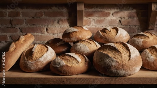 Artisan Bread Display - Fresh Loaves on Wooden Shelf.