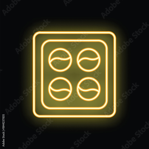 Yellow neon icon of coffee capsules or pods, placed in capsule coffee machine, isolated on black background