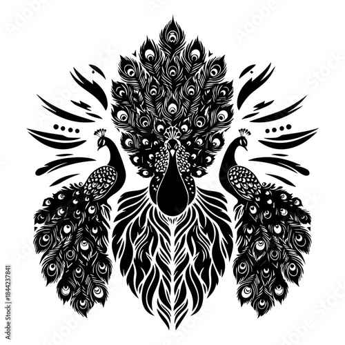 Elegant Black and White Peacock Illustration with Symmetrical Design