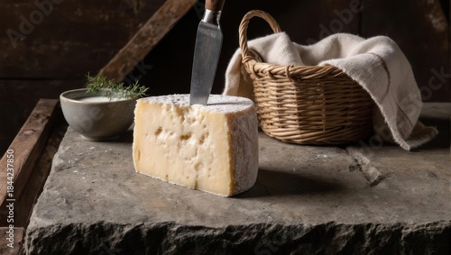 Artisanal Aged Cheese Wedge with Knife on a Rustic Stone Slab.