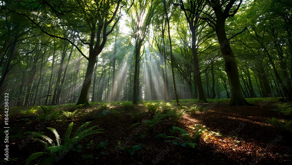 Fototapeta premium Forest sunlight streaming through trees onto ferns 