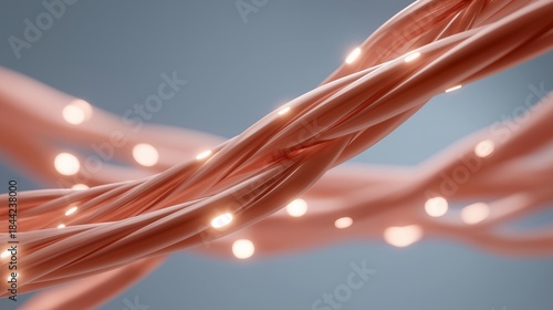 Fototapeta Naklejka Na Ścianę i Meble -  A 3D render of abstract cables twisting like digital vines, glowing nodes representing data flow and network connectivity — conceptual networking, cyber visualization, and tech-themed digital art.