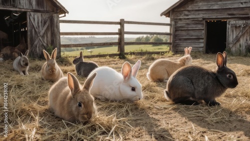 A group of diverse domestic rabbits grazing in a sunny farmyard.