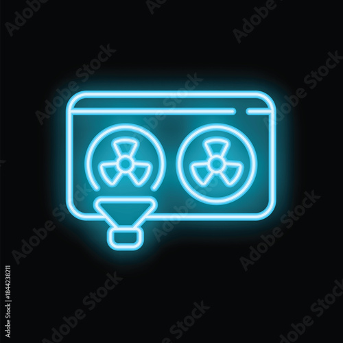 Blue neon icon of a computer overheating with double fan cooling system, suitable for dark mode apps and websites