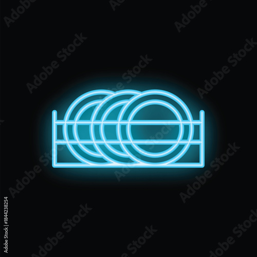 Glowing neon icon representing car tires stacked horizontally on a rack