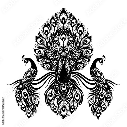Ornate symmetrical illustration of three majestic peacocks showcasing their elaborate plumage in a decorative design