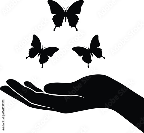 Silhouette of open hand releasing butterflies into air, symbolizing freedom, hope, transformation, nature beauty, spiritual growth and uplifting inspirational illustration